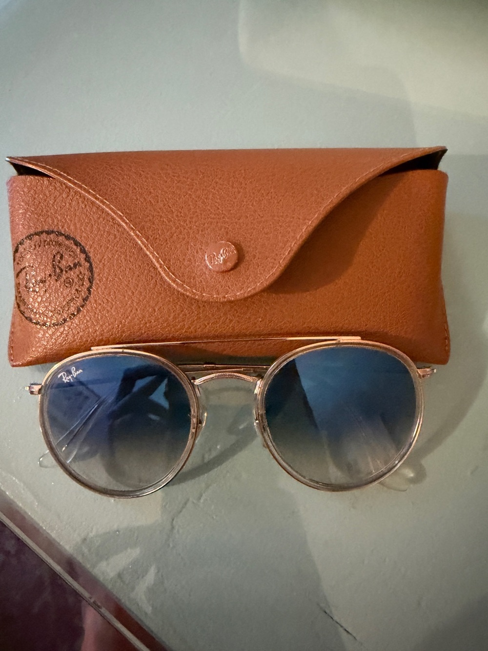 Ray-Ban Brown Leather Case with Blue Gradient Lens Round Sunglasses
